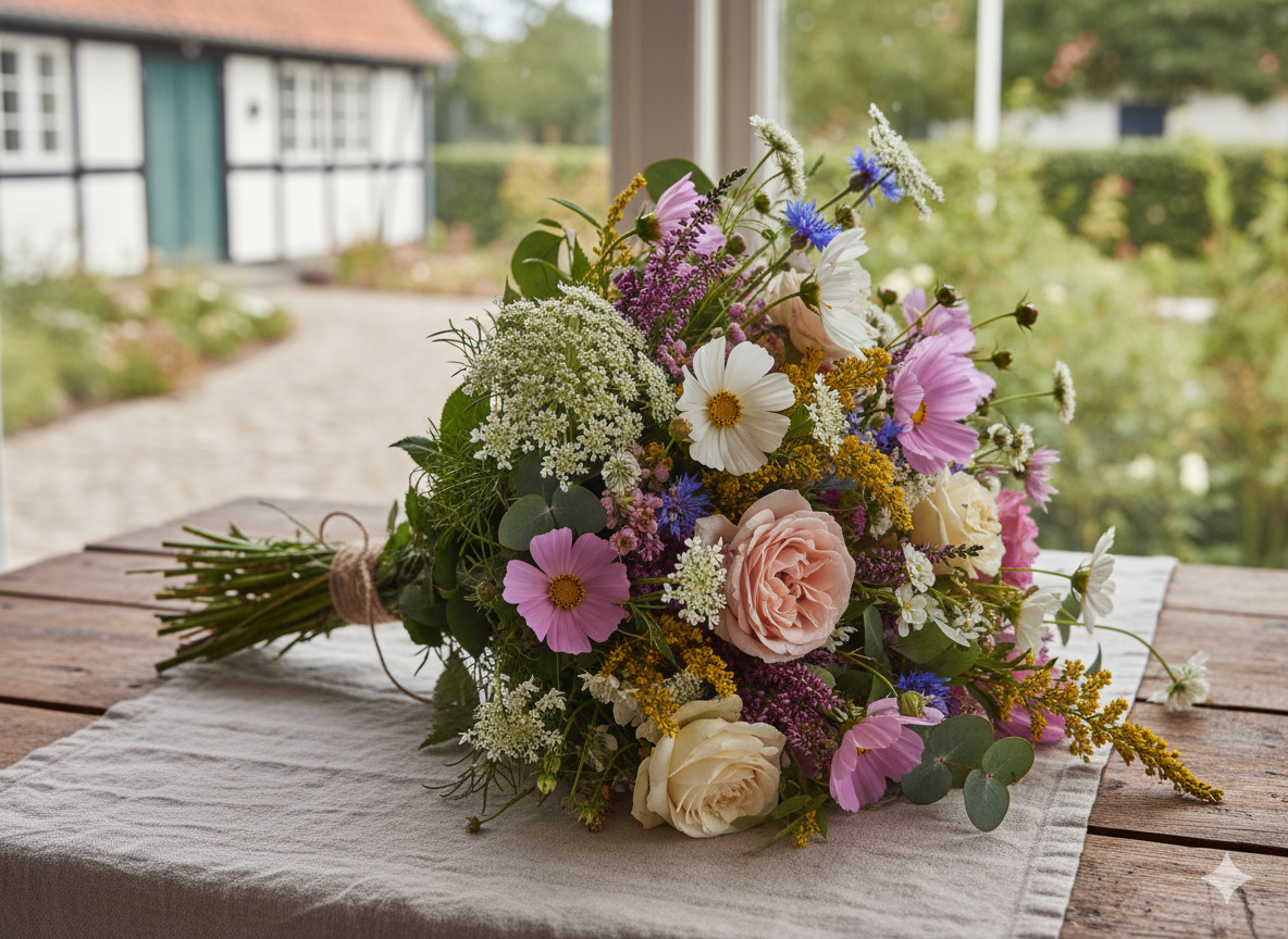Håndbundet buket med danske blomster